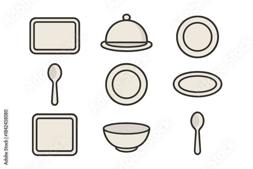 Simple collection of kitchenware including plates, bowls, and utensils for serving meals at home or restaurant