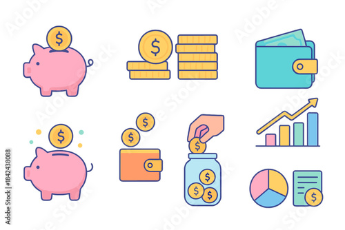 Financial planning icons showcasing saving, investing, and budgeting concepts for personal finance management