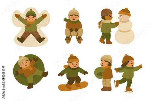 Children enjoying winter activities in a snowy landscape with snowman and outdoor fun in a cozy atmosphere