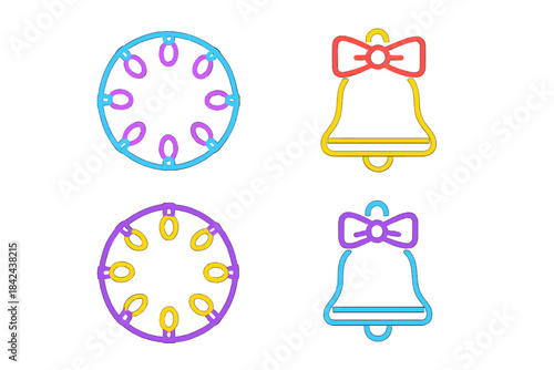 Colorful tambourine and bell designs on a white background showcasing musical instruments in vibrant hues