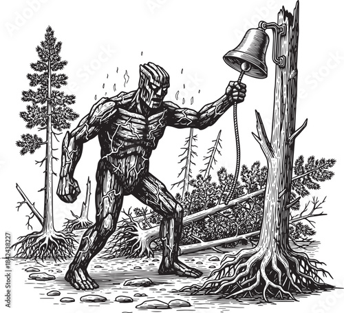 Woodcut Illustration of a Forest Spirit Ringing an Alarm Bell Am