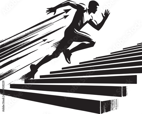 Minimalist monochrome illustration of an athlete sprinting up st