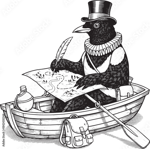 Intricate Engraving of Top-Hatted Raven Navigator Charting Cours