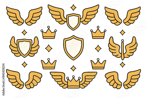 Decorative golden wings and crowns with shields designed for various graphic applications and projects