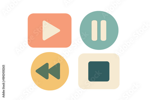 Creative design featuring play, pause, rewind, and stop symbols in modern colors and shapes