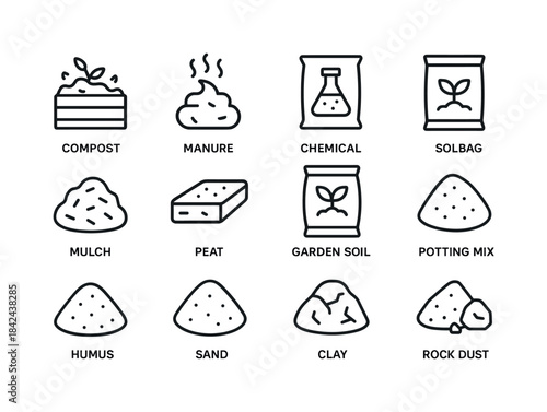 Fertilizers and Soil Icons. Fertilizers and soil. Line icon set
