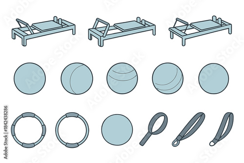 Different types of gym equipment and exercise balls displayed with simple designs and shapes