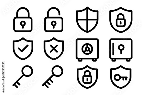 Collection of simple lock and shield icons representing security and protection in modern design