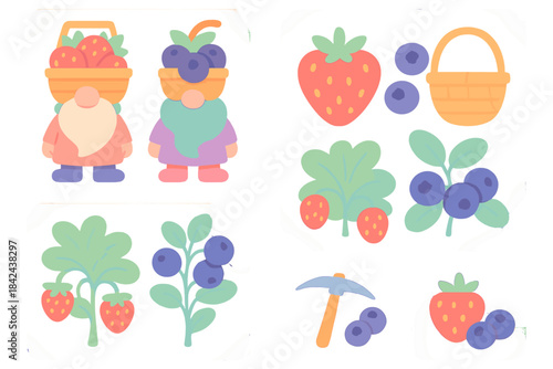 Gnomes collecting fruits in a colorful garden with strawberries and blueberries under a bright sky