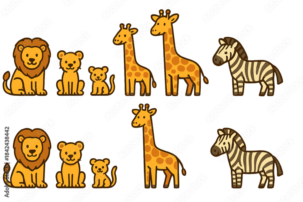 Obraz premium Cute cartoon animals in a playful scene featuring lions, giraffes, and zebras, ideal for children's illustrations