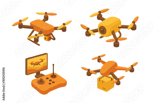 Various types of drones and remote control setups showcasing modern technology and flying capabilities