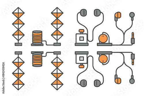 Modern audio equipment and technology designs featuring headphones and sound devices in a clean layout