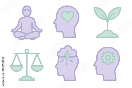 Symbols of mindfulness, growth, and balance represented through simple icons in soft colors depicting healthy living