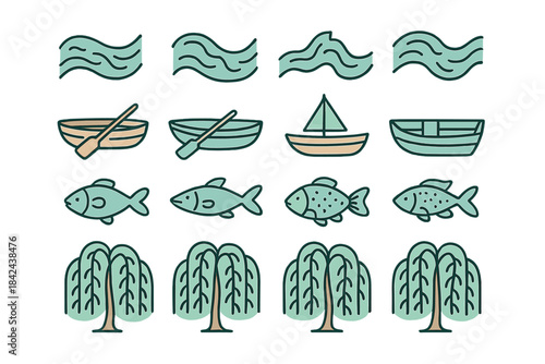 Colorful illustrations of boats, fish, trees, and waves in a scenic water landscape for nature-themed design