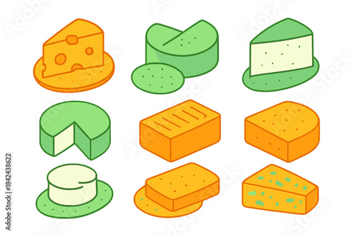 Various types of cheese displayed in bright colors and shapes on a white background