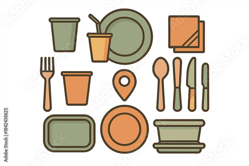 Set of dining utensils and containers arranged on a white background for food presentation concept