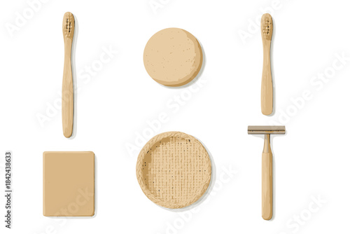 Bamboo and ceramic personal care items arranged on a white surface for an eco-friendly bathroom setup