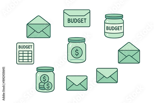 Budgeting tools and techniques represented through envelopes, jars, and charts for effective financial management