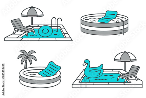 Colorful poolside scenes with lounge chairs and fun floats create a relaxing atmosphere for summer enjoyment and leisure