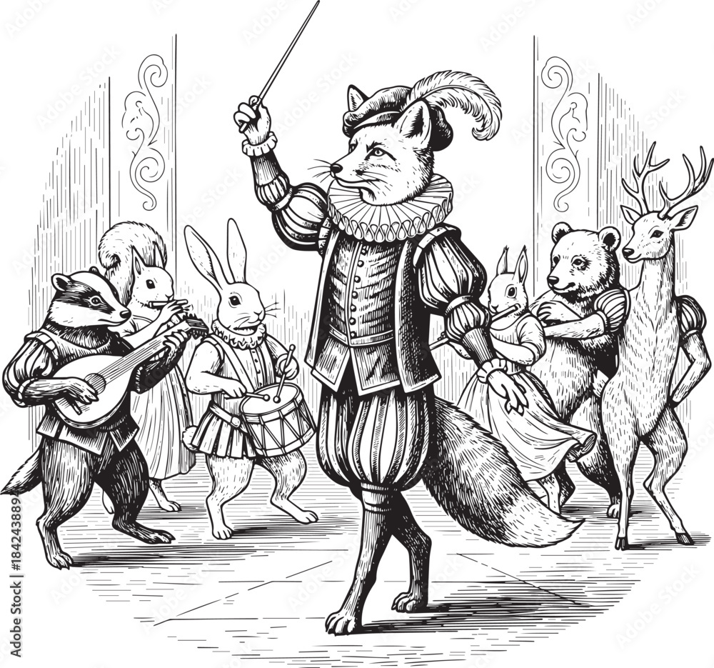 Obraz premium Whimsical animal orchestra woodcut illustration in renaissance a