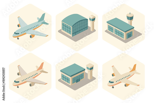 Airports and planes displayed in simple illustrations showcasing the elements of air travel and aviation design