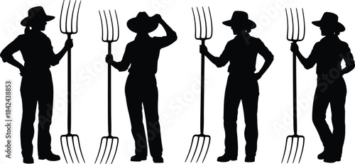 Vector silhouette collection of women farmers standing with pitchforks, wearing hats, agricultural worker concept, isolated on white background, for farm design.