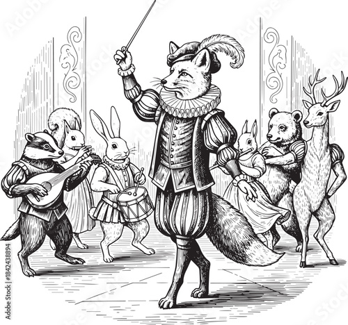 Whimsical animal orchestra woodcut illustration in renaissance a