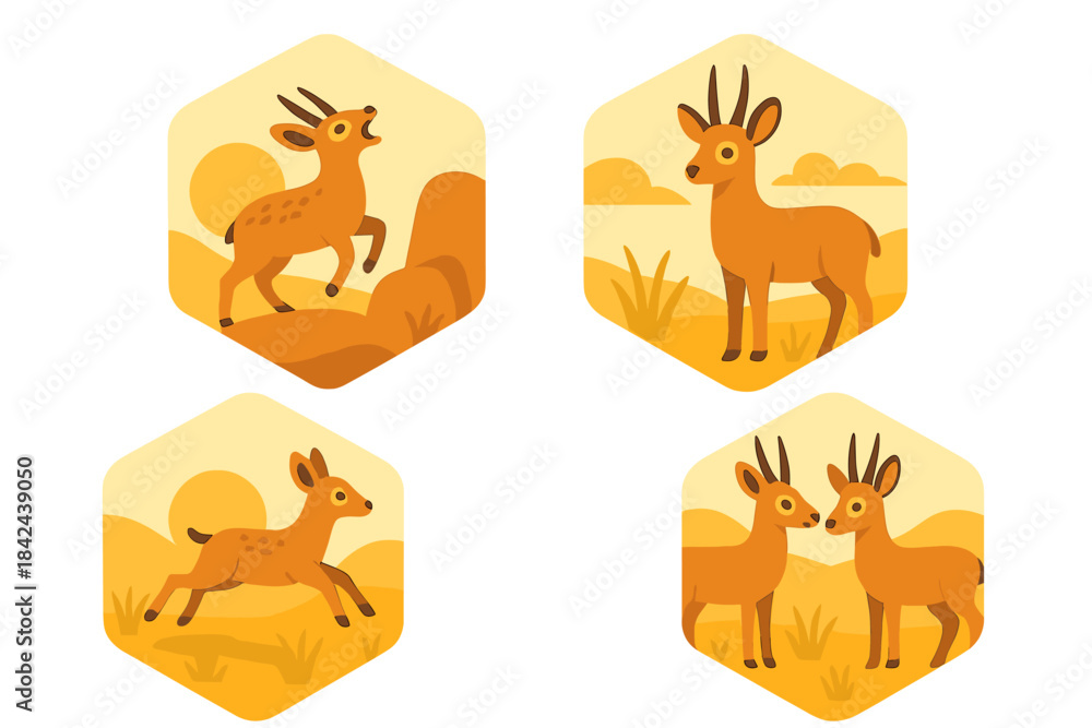 Obraz premium Colorful illustrations of antelope in a scenic landscape during sunset hours