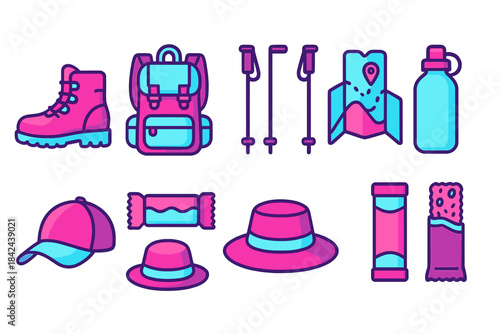 Essential hiking gear includes boots, backpack, water bottle, and snacks for an outdoor adventure in nature