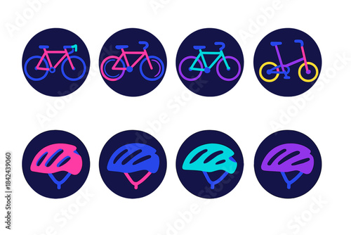 Colorful neon bicycle and helmet designs in a modern graphic style