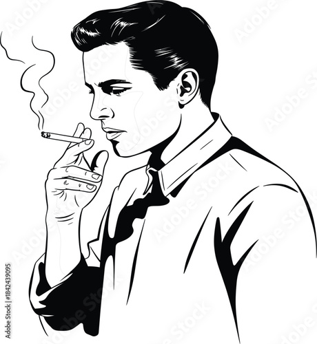 Vector illustration of a man smoking a cigarette, black and white outline, retro style vintage addiction drawing
