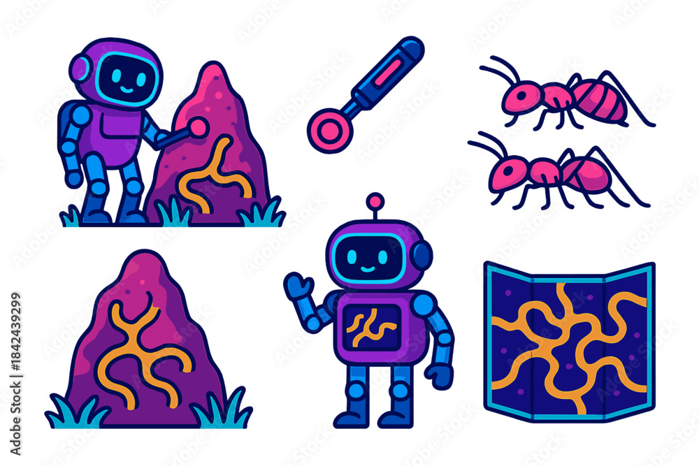 Fototapeta premium Exploring alien terrain with robots and ants under a colorful universe