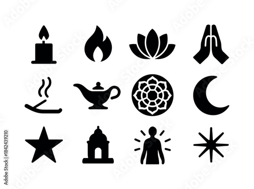 Spiritual Icons Grid. Spiritual Light. Solid icon set of Spiritu