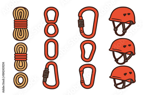 Safety equipment for climbing, including ropes, carabiners, and helmets, prepared for outdoor adventure