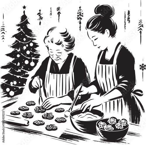 Black and white sumi-e illustration: Generational holiday baking