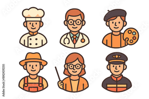 Different professions represented by cheerful characters showcasing various skills and interests in a playful style