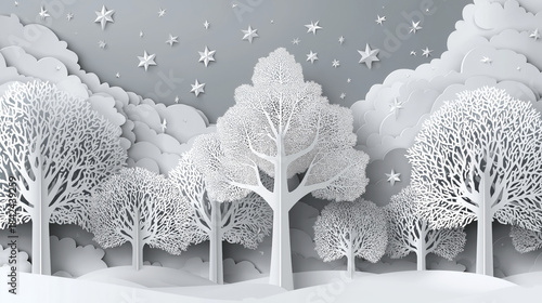 Winter holiday background with intricate paper-cut silhouettes of trees and stars layered in depth