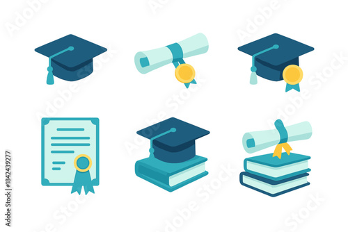 Graduation symbols representing achievement and success in education with diplomas and caps