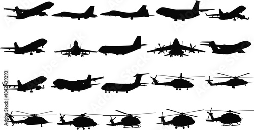 Vector Silhouette Set of Military Aircraft and Helicopters, Including Fighter Jets, Cargo Planes, and Choppers, Ideal for Defense, Aviation, and War Graphics Illustration