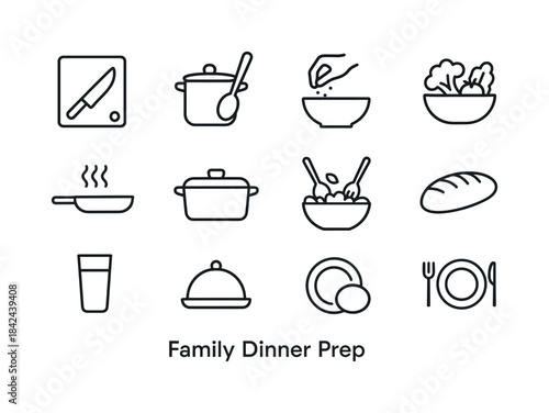Family Dinner Icons. Family Dinner Prep. Line icon set of Family