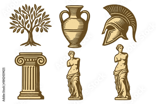 Classic symbols of ancient civilization featuring a tree, vase, helmet, column, and statue