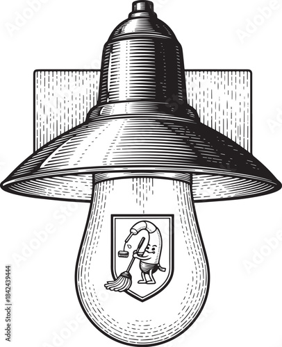 Engraved Illustration of an Industrial Lamp with Cleaning Charac