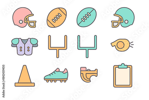 Sports equipment and symbols including helmets, footballs, and gear for various games