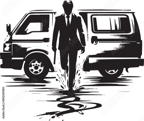 Stylized monochrome scene of a man emerging from a van with purp