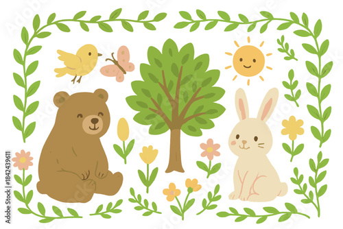 Happy animals in a colorful garden enjoying a sunny day with flowers and trees