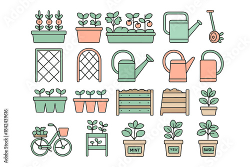 Colorful garden elements with plants, pots, and gardening tools in a playful design showcasing urban gardening