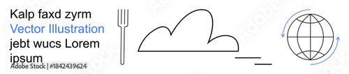 Food services, travel, global communication, sustainability, design concepts, minimalism. Fork and cloud with a globe and rotating arrows. Food services and global communication