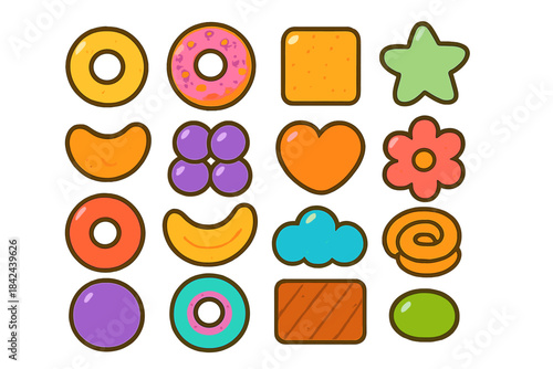 Colorful collection of sweet shapes and designs featuring donuts, stars, hearts, and flowers arranged in a playful grid