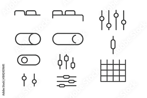 Simple design of various user interface elements showing buttons, sliders, and grid layouts for digital interfaces