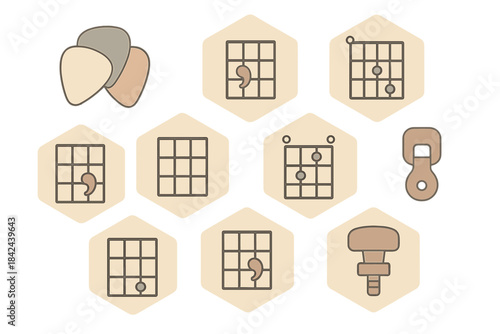 Explore simple guitar chord diagrams and picks for beginner musicians in a modern design style
